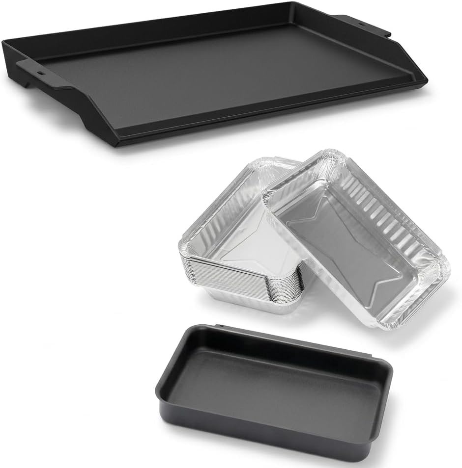 93305 Catch Pan with 20 Pack 6415 Drip Pans and Cast Iron Griddle for Genesis II 3 Burners & Charcoal Grills, Universal Flat Top Plate with Extra High Sidewalls for Camping, Tailgating, Parties