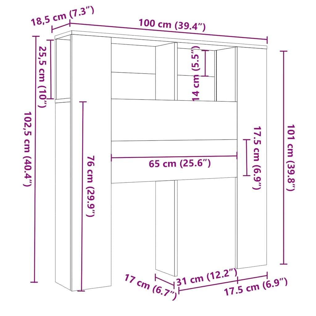 Testiera nera con ripiani, 100 x 18,5 x 102,5 cm, montaggio a parete, in legno, design moderno per libri e camere da letto, spazio aggiuntivo