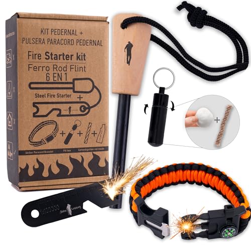 John Lossag – Kit Supervivencia Profesional ecoFire – Pedernal de Ferrocerio, Pulsera Paracord y Mechero con Iniciador de Fuego | Encendedor Multiusos para Camping y Bushcraft | Naranja