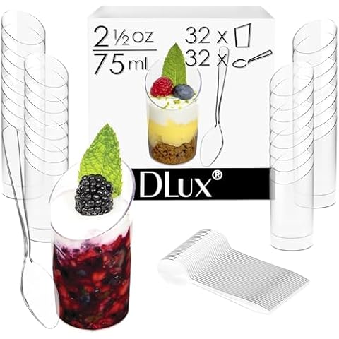 DLux 28 x 3 oz Mini Dessert Cups with Spoons, Slanted Triangle - Clear Plastic Parfait Appetizer Cup - Small Reusable Serving Bowl for Tasting Party Desserts Appetizers - With Recipe Ebook Cover