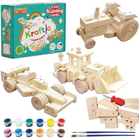 Kraftic Woodworking Building Kit for Kids, with 3 Educational DIY Carpentry Construction Wood Model Kit Toy Projects for Boys and Girls- Tractor, Bulldozer and Racing Car Cover