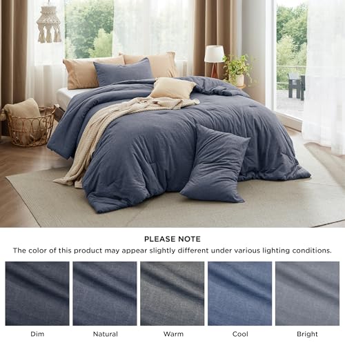 Image of Bedsure Comforter Set Full Size - Cotton Fabric with Microfiber Inner Fill, Denim Blue PureWoven Soft Bed Set for All Seasons, 3 Pieces, 1 Comforter (82 inch x 86 inch) and 2 Pillow Cases (20 inch x 26 inch)