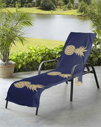Geometric Pineapple Beach Chair Towel Covers for Chaise Lounge with Side Pocket, Soft Plush Pool Towels Cover for Patio Sunbathing Outdoor 29''x85'' Summer Tropical Fruit Navy Blue