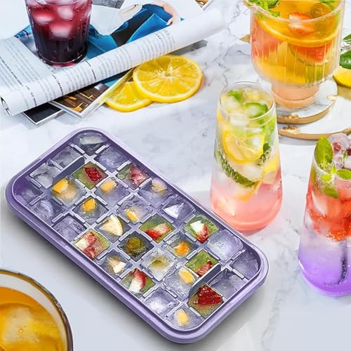 Image of Homecloud 2-Layer Ice Cube Tray with Lid & Bin - BPA-Free Square Ice Cube Molds with Scoop, Easy One-Tap Release, Space-Saving Ice Storage Container, Makes 64 Cubes (Purple)