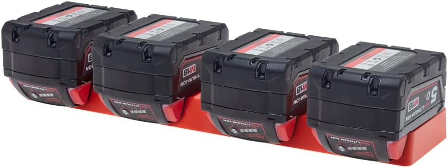 48 Tools Wall Mount Battery Holder for Milwaukee M18 18V – Heavy-Duty ABS Storage Rack, UV-Stabilized, Easy 5-Screw Install, Red Organizer for Workshop, Van, or Trailer