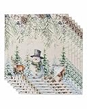 Kewadony Dinner Cloth Napkins Set of 6, Christmas Snowman Washable Cocktail Cloth Napkins 20 x 20 Inch, Xmas Animals Pine Twig Burlap Reusable Table Napkins for Wedding Holiday Party