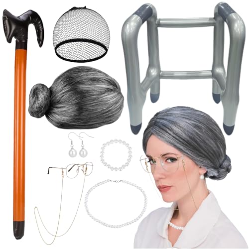 W Rxkiocs 9 Pcs Deguisement Grand Mere Déguisement Vieux Perruque Grise Bijoux en Perles Artificielles Lunettes Canne à Marcher Supports de Marche Gonflables pour Le...