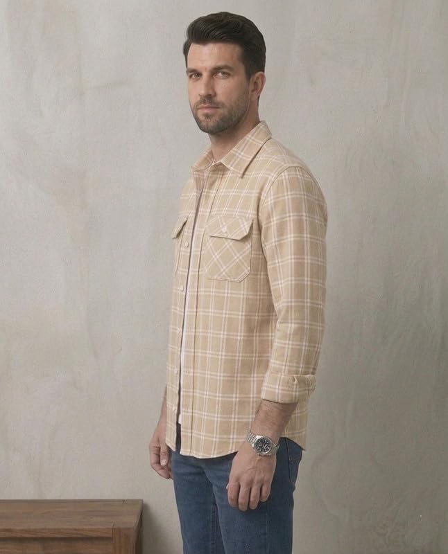 Image of DEELMO Men's Stylish Cotton Blend Casual Chakes Shirt || Full Sleeve Shirt with Dual Flap Pockets Fabric || Perfect for Casual and Classic Fit & Style || Stylish Everyday Wear