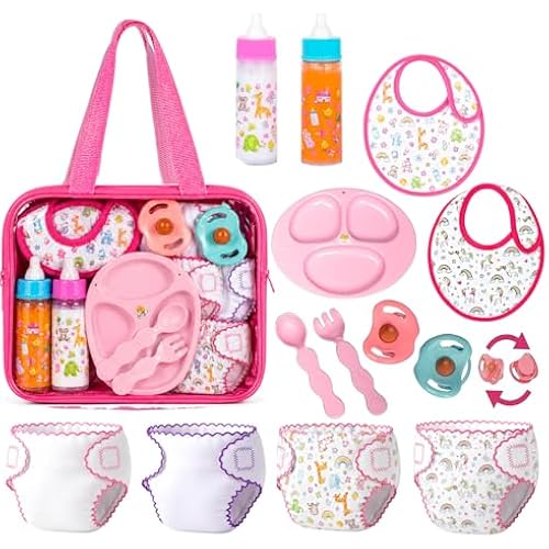 fash n kolor My Sweet 13-Piece Doll Feeding & Diaper Bag Set – Magic Disappearing Milk Bottles, Diapers, Bibs, Pacifiers & Accessories – Pretend Play Doll Care Kit with Carrying Bag for Girls