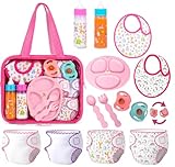 My Sweet Baby 13-Piece Doll Feeding & Diaper Bag Set – Disappearing Milk Bottles, Bibs, Pacifiers, Diapers & Accessories Set – Pretend Play Baby Doll Care Kit for Girls – Fits 12–18″ Dolls