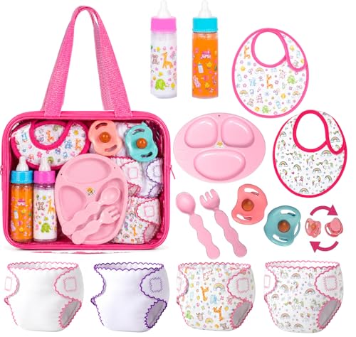 My Sweet Baby 13-Piece Doll Feeding & Diaper Bag Set – Disappearing Milk Bottles, Bibs, Pacifiers, Diapers & Accessories Set – Pretend Play Baby Doll Care Kit for Girls – Fits 12–18″ Dolls
