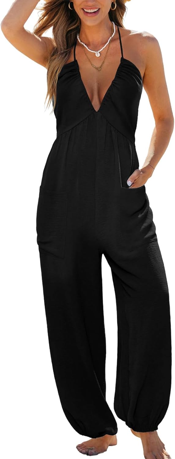 CUPSHE Womens Maxi One Piece Jumpsuit Plunging V Neck Sleeveless Casual Outfit Beach Overall Vacation Summer Long Romper