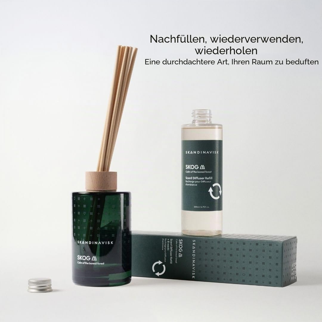 Skandinavisk Skog Duftstäbchen Diffusor Nachfüllung - Kiefernnadeln und Tannenzapfen, Birkensaft und Maiglöckchen - Vegan - Nachfüllflasche aus recyceltem Kunststoff, 200 ml