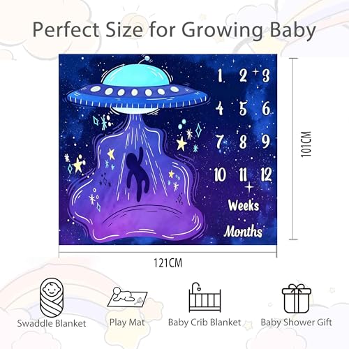 Image of UFO Baby Monthly Milestone Blanket, 48x40in Soft Flannel, Alien Round Spaceship, Newborn Mom Gifts, Baby Shower Age Growth Tracker with Bonus Maker (Purple Blue, 48x40in)