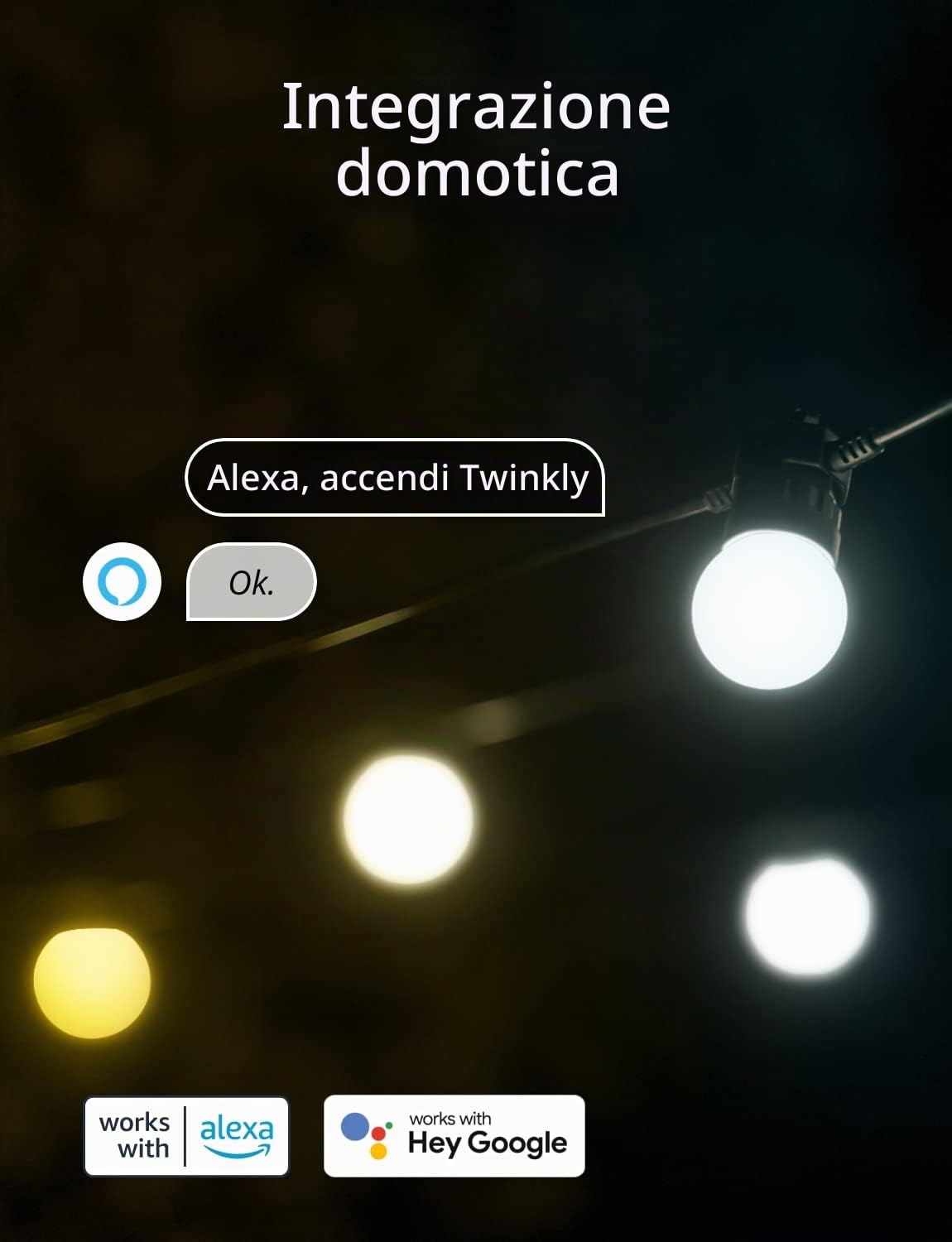 Twinkly Festoon 20 LED Bianchi, Catena Luminosa con 20 Lampadine LED, Luci Esterno e Interno da Bianco Caldo a Freddo, Compatibile con Alexa, Google Home, IP44, Controllata da App, Cavo Nero, 10m