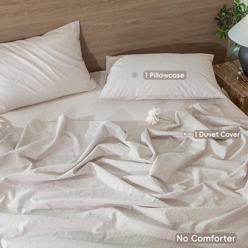 Image of MooMee Striped Duvet Cover Set 100% Washed Cotton Linen Like Twin | Relaxed Linen-like Texture. Soft, Breathable & Long-lasting Comfort. Lightweight. Hidden Zipper with 8 Interior Corner Ties