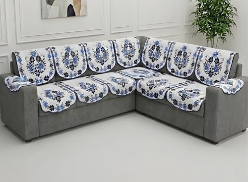 Image of Fab Nation Sofa Cover L Shape 7 Seater with Corner L Type Fully Covered Sofa Set for Living Room | Cotton Sofa Slipcovers for 4 + 3 Seaters Cover with 2 Arms | Blue