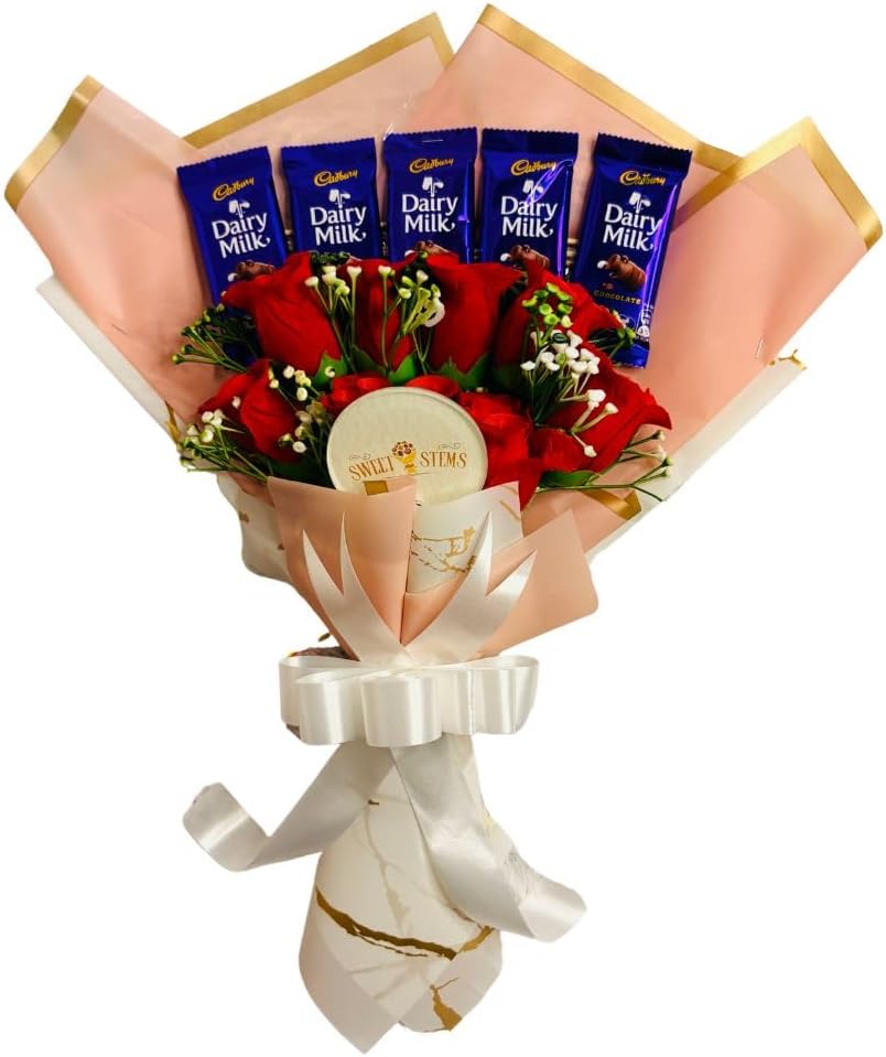 SWEET STEMS Dairy Milk Chocolate Gift with Red Artificial Roses (Anniversary Card)