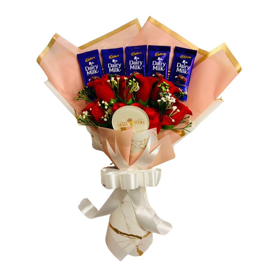 SWEET STEMS Dairy Milk Chocolate Gift with Red Artificial Roses (Anniversary Card)