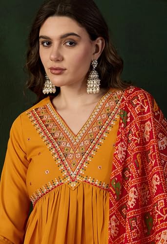 Image of SheWill Women's Mustard American Crepe Zari Sequence Embroidered Alia Cut Kurta with Pant and Dupatta
