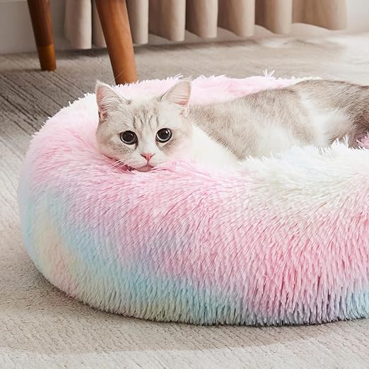 Image of ZEXSAZONE Plush Donut Dog Bed for Dogs & Cats | Soft Calming Anti-Anxiety Pet Bed | Warm Cozy Winter Dog Bed for Puppies | Washable Round Bed (Rainbow Small)
