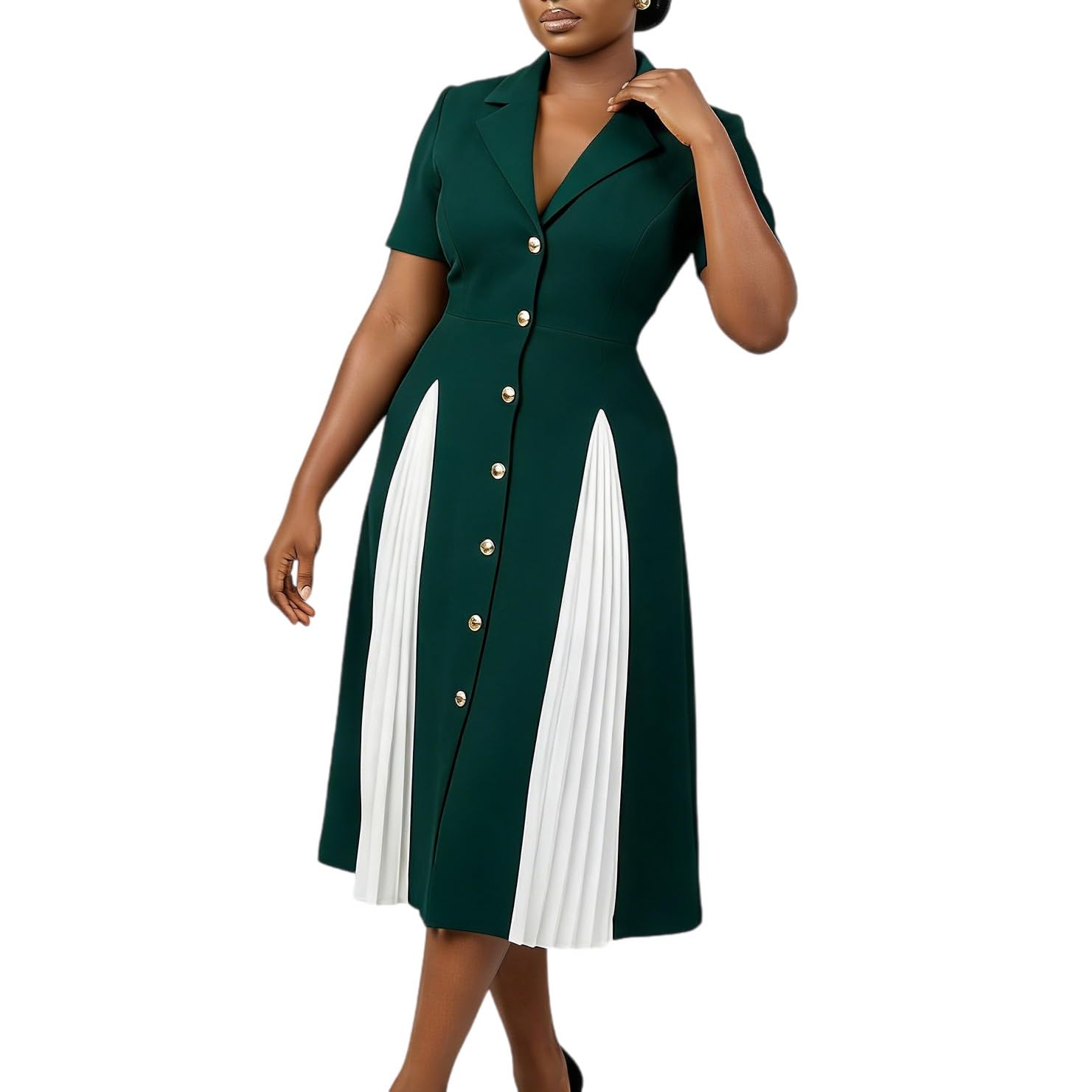 Elegante Vestido Tipo Blazer Con Bloques De Color Vestido Midi De Manga Corta Con Cuello En V Y Solapa Para Mujer Ideal Para La Oficina, Ocasiones Formales Y Fiestas
