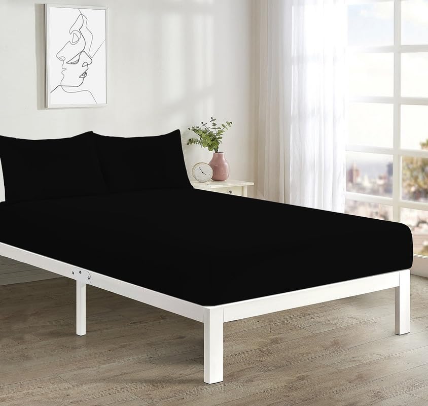 L S U Supersoft Duvet Cover Set Easy Care Bedding Fitted Sheet and Pillowcases in 22 Colours and Single, Double, King, and Super King Sizes (FITTED D black)