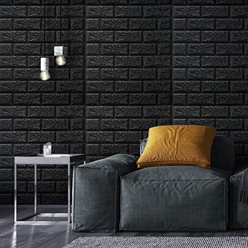 Art3D 10 Pcs 3D Brick Wallpaper In Black, Faux Foam Brick Wall Panels Peel And Stick, Waterproof For Bedroom, Living Room, And Laundry Decor (14.5Sq.ft) #TOP1