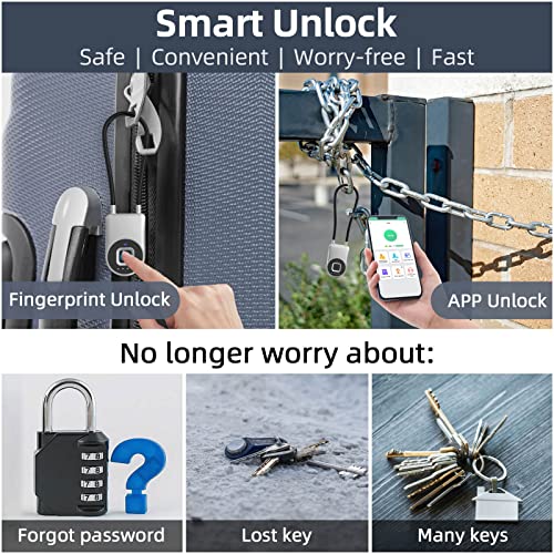 Elinksmart Fingerprint Cable Lock, 8.6" Long Shackle Small Keyless Biometric Waterproof Bluetooth Smart Padlock For Gate, Outdoor Fence, Cabinet, Gym Locker, Pool, Yard, Pantry, Luggage, Travel #TOP1