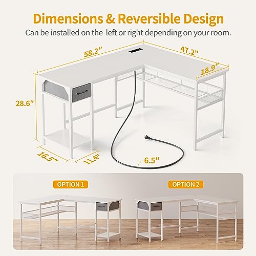Image of CubiCubi L Shaped Gaming Desk with Power Strip, 150 * 120cm Reversible Corner Computer Desk with Storage Shelves, Modern Home Office Gaming Table, White