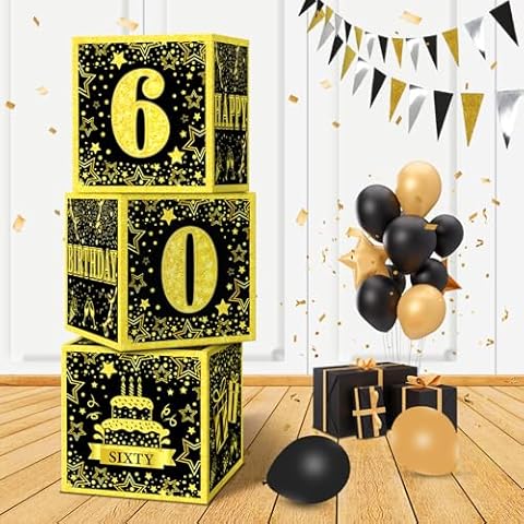MEYSIMOON 60th Birthday Decorations Boxes for Him 3 Black Gold Paper Boxes Printed 60 Thirty Happy Birthday,Men Women Dirty 60 Years Old Birthday Party Anniversary Backdrop Supplies (60th) Cover