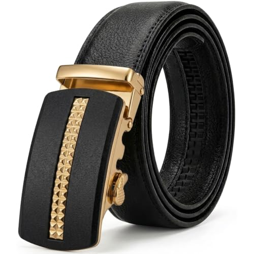 Image of JINIU Men's Ratchet Belt Buckle, Black Genuine Leather Slide Belt for Men Dress Suit, Micro Adjustable Trim to Fit Boxed