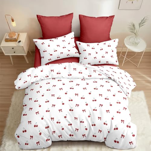 Image of Nayoroom Red Cherry Duvet Cover Queen Size Cute Bow Duvet Cover 3 Pieces Soft Lightweight Microfiber Girls Aesthetic Dorm Bedding Set with Zipper Closure
