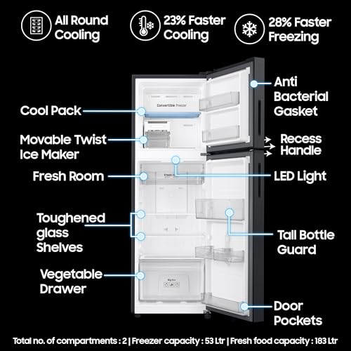 Image of Samsung 236 L, 3 Star, Bespoke AI, Convertible, Digital Inverter Frost Free Double Door Refrigerator (RT80H28U3FHL, Black DOI, 2026 Model)
