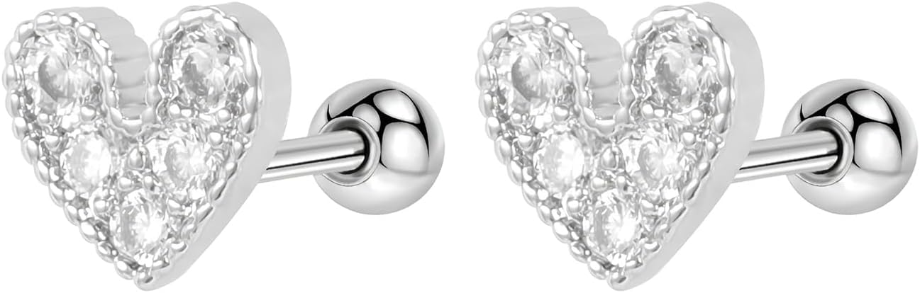Stainless Steel Zircon Heart Stud Earring 1 Pair Screw Back Earrings Hypoallergenic Screwback Cartilage Jewellery for Sensitive Ears Women Ladies Tragus Helix Jewelry Aretes De Mujer Hombre
