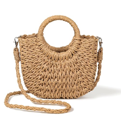 Handwoven Straw Bag Summer Purses for Women Round Half Moon Design Crossbody Woven Purse with Braided Handle for Beach, Party, Vacation