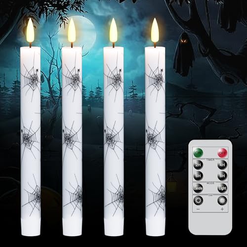 Image of GenSwin Real Wax Flameless Taper Candles, 4 Pack Halloween LED Taper Candles Battery Operated with Remote Timer, Flameless Candlesticks with Spider Web Prints for Halloween Decoration (0.75 inch x 9.65 inch)
