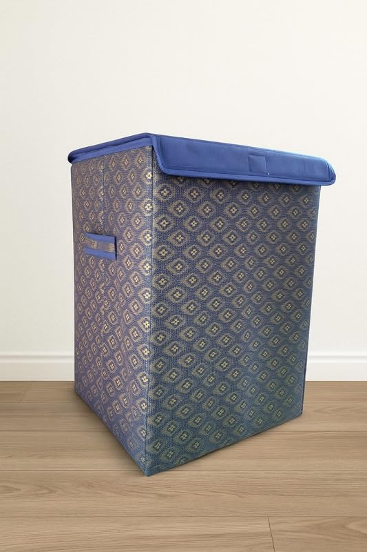 Image of QUAIL Non Woven Foldable Jute Printed 75 Liter Laundry Basket with Lid - Durable & Collapsible Storage Bag for Clothes, Toys & Washing Items (Blue Golden, Set of 1)