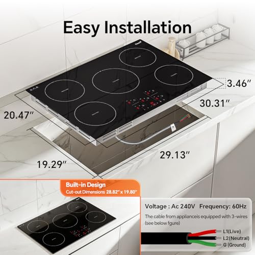 Image of Ranein Induction Cooktop 30 Inch, Build-in 5 Burners Electric Stove Top, 9 Power Settings, Max 9200W, Sensor-Control Induction Hob with Multiple Safety Protections, Compatible with Magnetic Cookers