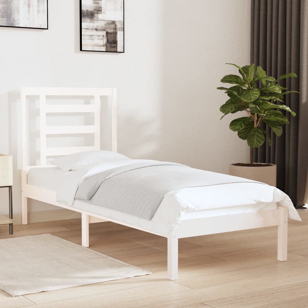 lite drewno sosnowe nowoczesny wystrój sypialni pojedyncza biały 75x190 cm | Rama łóżka biała lite drewno sosnowe 75x190 cm pojedyncza z zagłówkiem solidna konstrukcja do sypialni