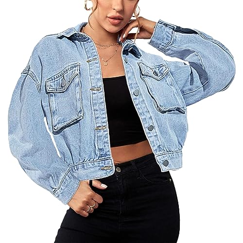 Women's Casual Cropped Denim Jacket Western Basic Lapel Button Up Long Sleeve Trucker Jean Jacket Biker Coat Tops