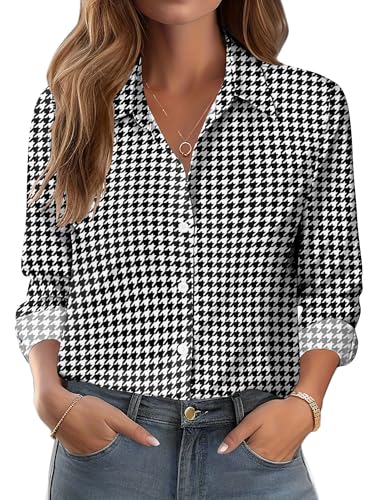 Zeagoo Business Casual Outfit for Women Houndstooth Long Sleeve Work Blouse Classic Button Down Shirts Suit Tops