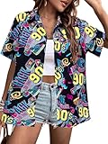 80s 90s Shirts Women Hawaii 80s 90s Outfits Vintage Back to The 90s Graphic Tee Retro Party Disco Short Sleeve Button Up Top Black
