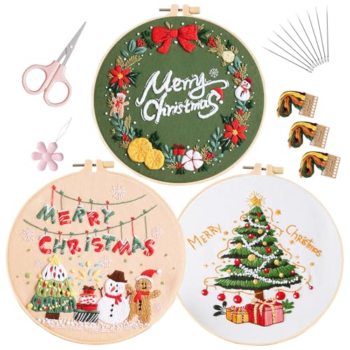 Image of LB Christmas Embroidery Kit for Beginners Adults, 3 Sets Hand Embroidery Starter Kit with Wreath Pattern and Instructions Stamped Cross Stitch Kits Include Embroidery Hoop Needles Threads Scissors