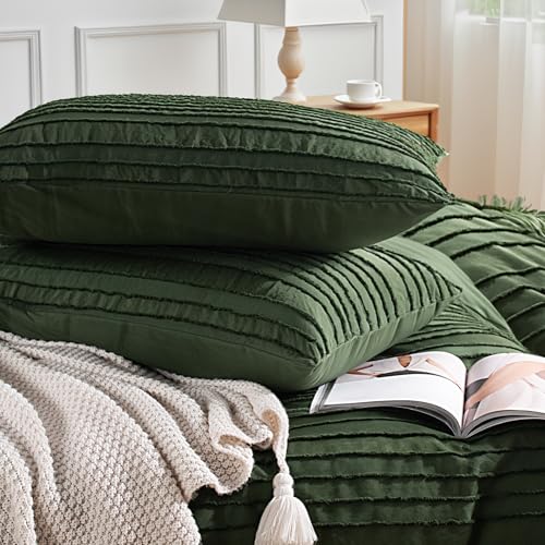 Image of NEXHOME PRO Duvet Cover Queen,3 Pieces Boho Tufted Duvet Cover Set, Soft and Lightweight 100% Washed Microfiber Comforter Cover Set for All Season(Forest Green,90 x 90)-No Comforter