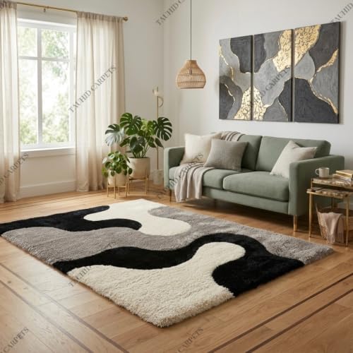 Image of Tauhid Carpet Super Soft Microfiber Shaggy Area Rug Modern Abstract Grey Black & White Plush Carpet | Fluffy Floor Rug for Living Room, Bedroom 2x5 Feet Runner.