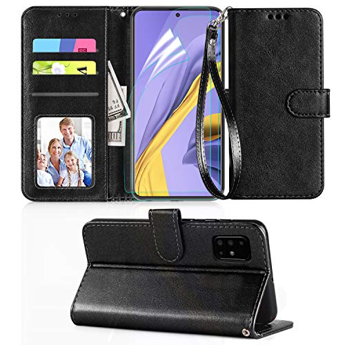 Axiay Samsung Galaxy A51 Case,Samsung Galaxy A51 Phone Case w 2 Pack HD Screen Protector,Kickstand Card Slots Wrist Strap Magnetic Flip PU Leather Protective Wallet Case,Black