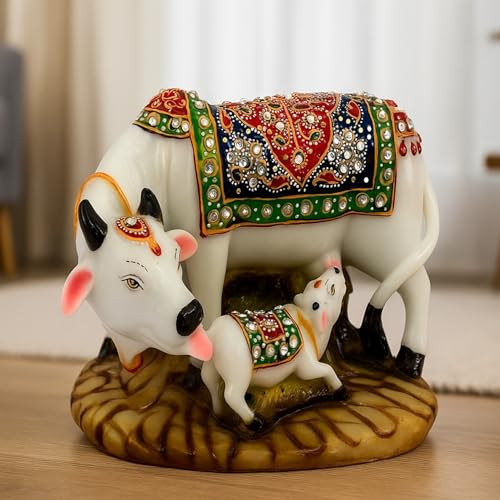 Image of PulGos Kamdhenu Cow Statue with Baby Calf - Elegant Showpiece for Home & Office Decor - Vastu Item for Living Room, Mandir & Workspace - Beautiful Cow Idol for Traditional & Modern Interiors
