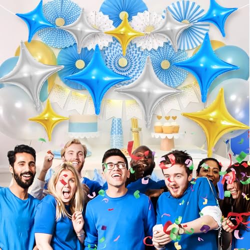 Image of Blue Gold Silver Star Balloons,12Pcs Four Angle Star Foil Balloons | 26Inch and 10Inch Blue Gold Silver Quadrangle Star Helium Balloon for Birthday Graduations Wedding Party Decorations