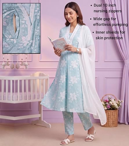 Image of DUMMY SHAPE Maternity Dresses for Women Cotton | Floral Kurta Pant Dupatta Set with Nursing Zippers, Side Pocket | Pre & Post Pregnancy | Feeding Kurti Suit | Baby Shower | Gifts for Pregnant Woman